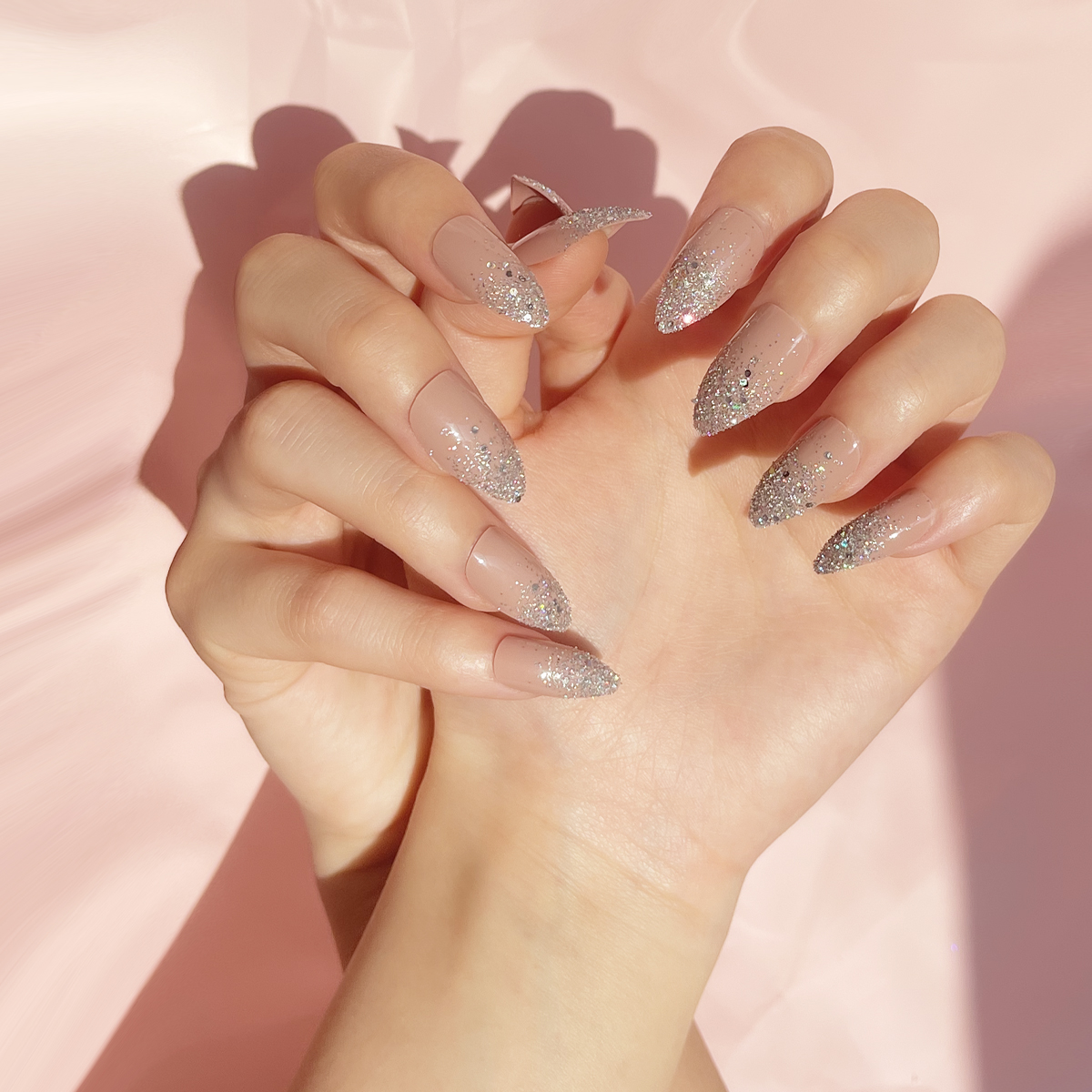 24 PCS PRESS ON NAIL TIPS STILETTO SHAPE NAKED COLOR WITH SLIVERT GLITTER Specification drawing