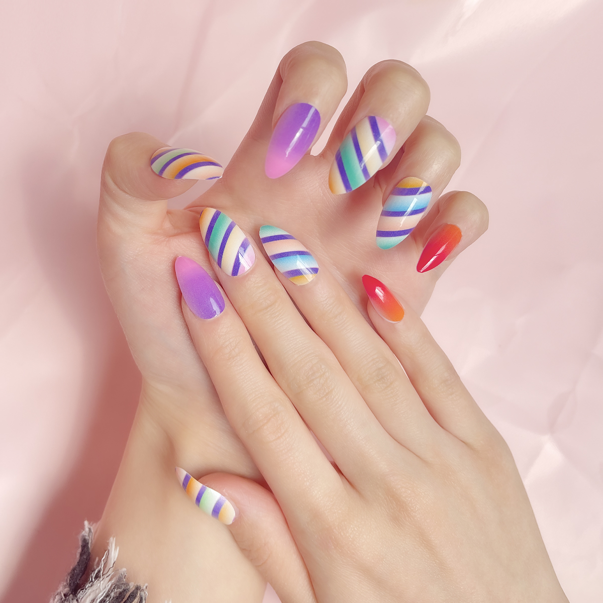 24 PCS PRESS ON NAIL TIPS ALMOND SHAPE MULTICOLORED STYLE details Picture