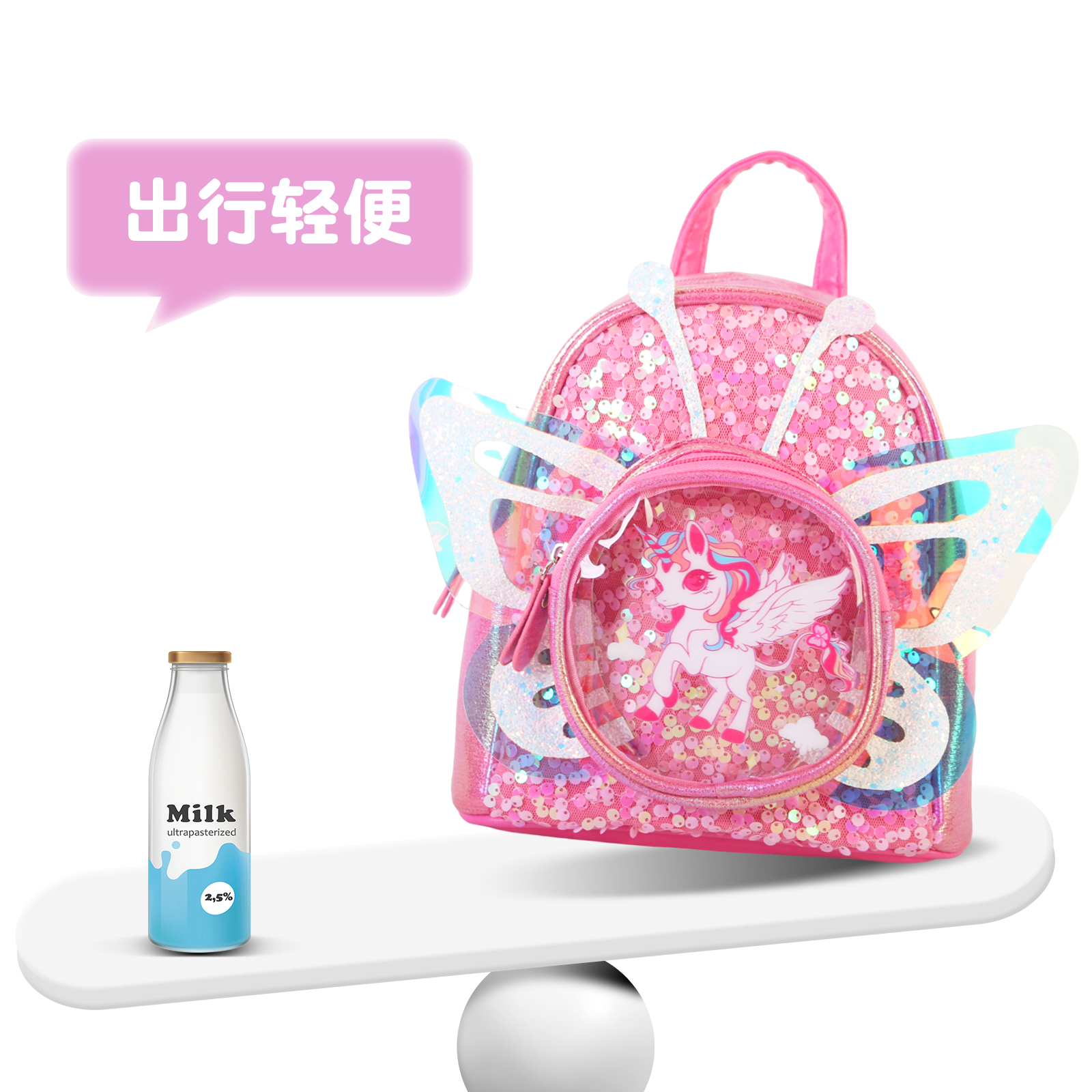 Large-tailed cat unicorn wing sequined fashionable and trendy casual backpack, lightweight and large-capacity waterproof, wear-resistant and tear-resistant backpack, a perfect match for kindergarten girls' outdoor trips details Picture
