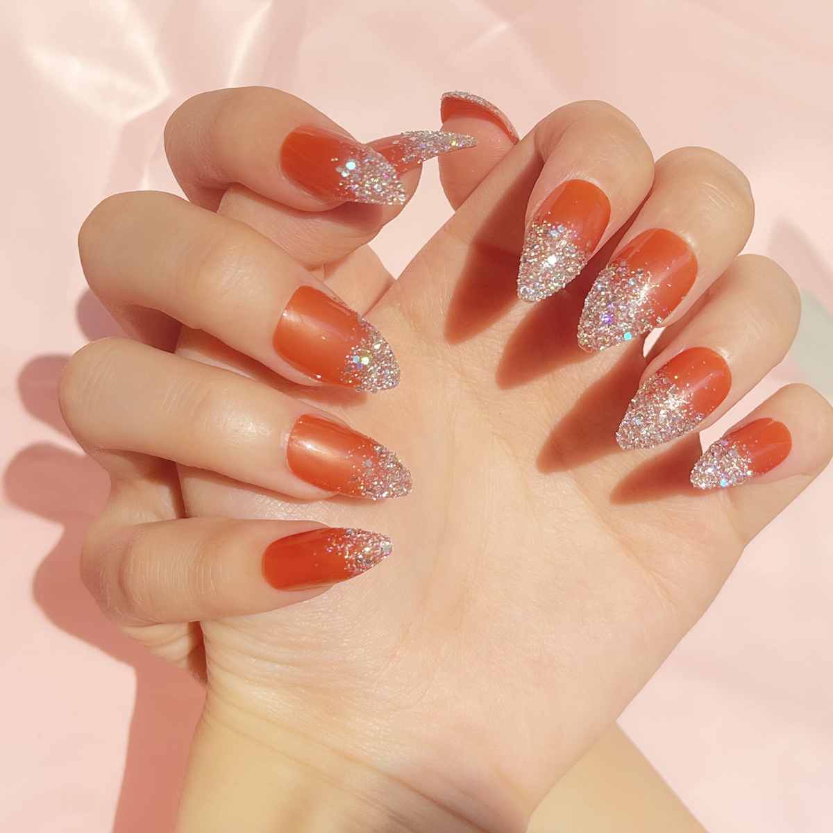 24 PCS PRESS ON NAIL TIPS STILETTO SHAPE RED BACKGROUND AND SLIVERY GLITTER details Picture