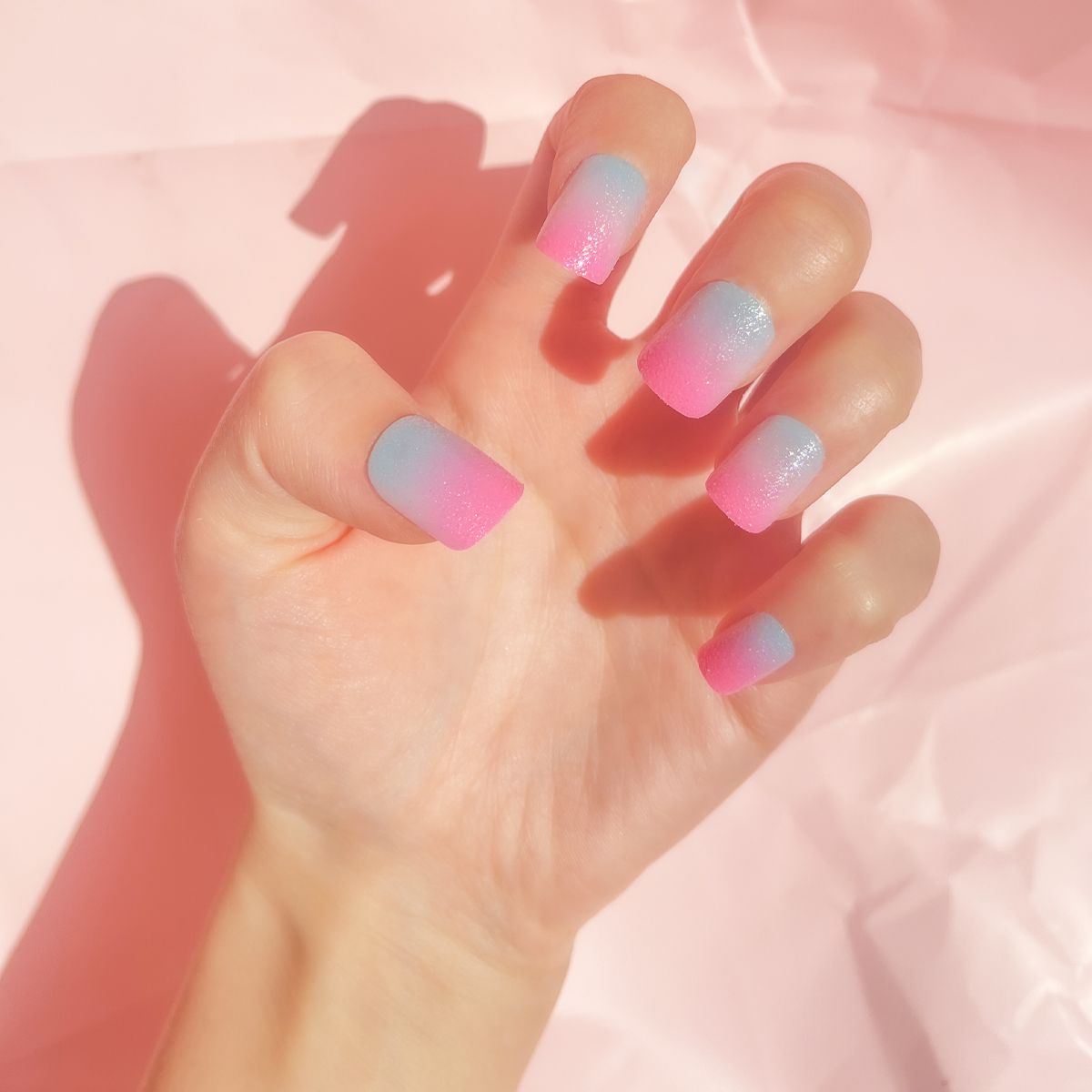 24 PCS PRESS ON NAIL TIPS SQUARE SHAPE BLUE AND PINK SHADING GLITTER EFFECT full figure