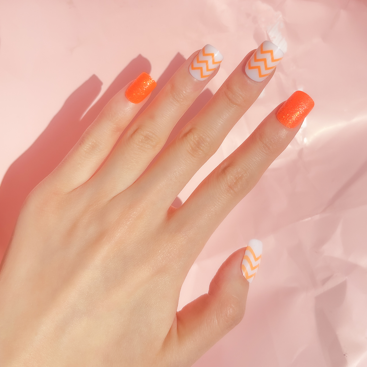24 PCS PRESS ON NAIL TIPS SQUARE SHAPE ORANGE GLITTER EFFECT details Picture