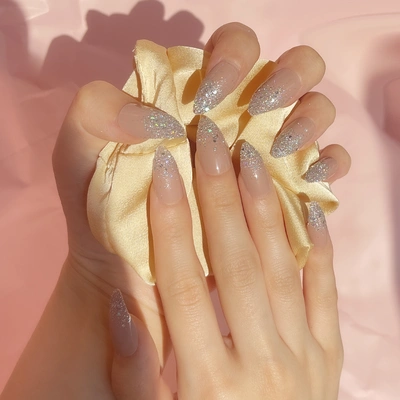 24 PCS PRESS ON NAIL TIPS STILETTO SHAPE NAKED COLOR WITH SLIVERT GLITTER thumbnail