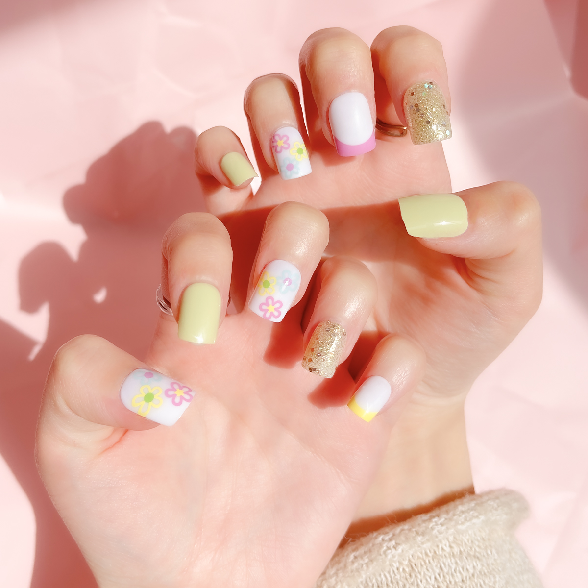 24 PCS PRESS ON NAIL TIPS SQUARE SHAPE COLORFUL FLOWER AND GOLD GLITTER full figure