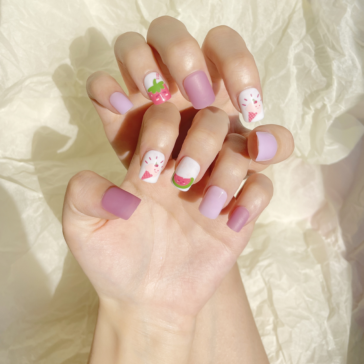 24 PCS PRESS ON NAIL TIPS SQUARE SHAPE STRAWBERRY WATERMELON AND ICE CREAM full figure