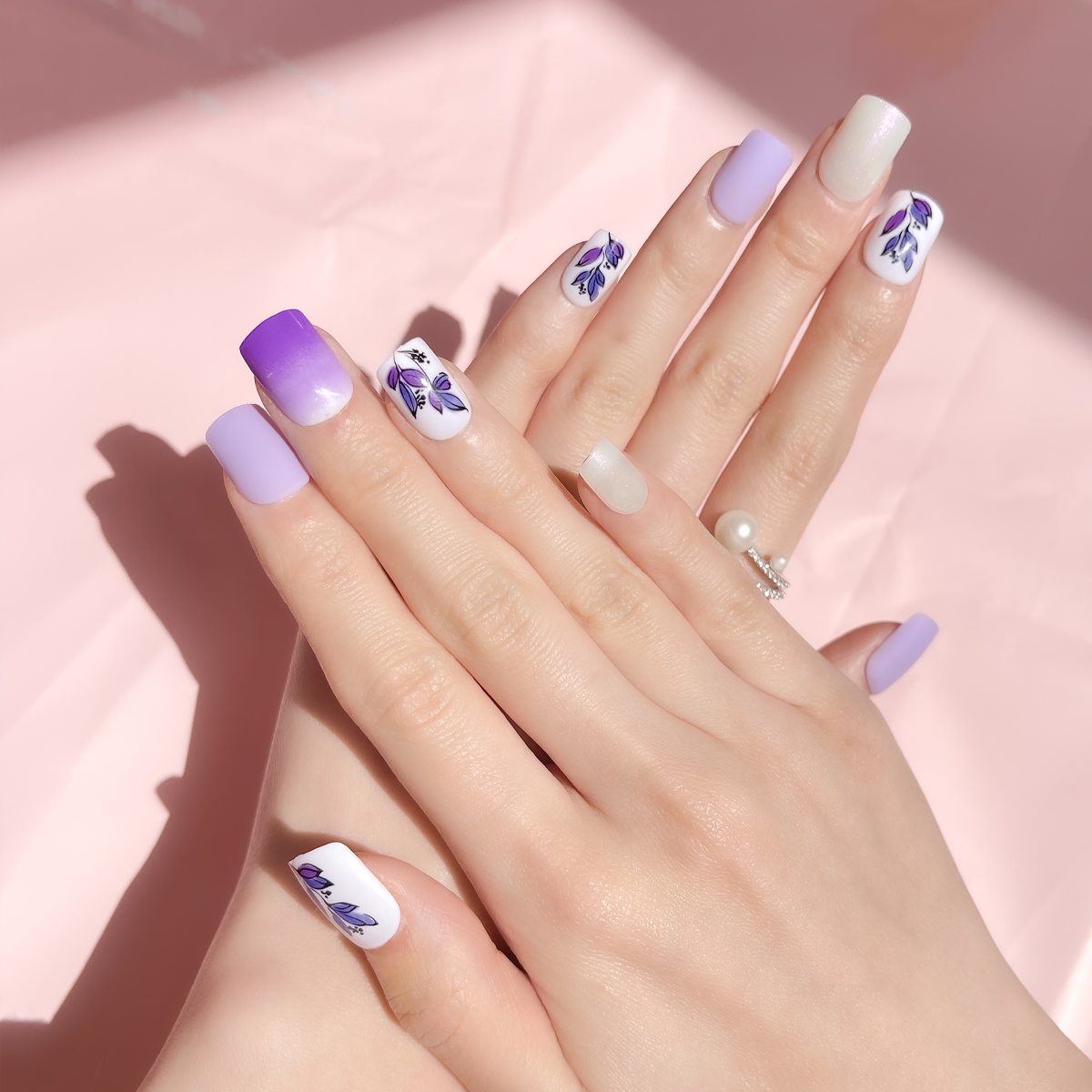 24 PCS PRESS ON NAIL TIPS SQUARE SHAPE PURPLE AND WHITE details Picture