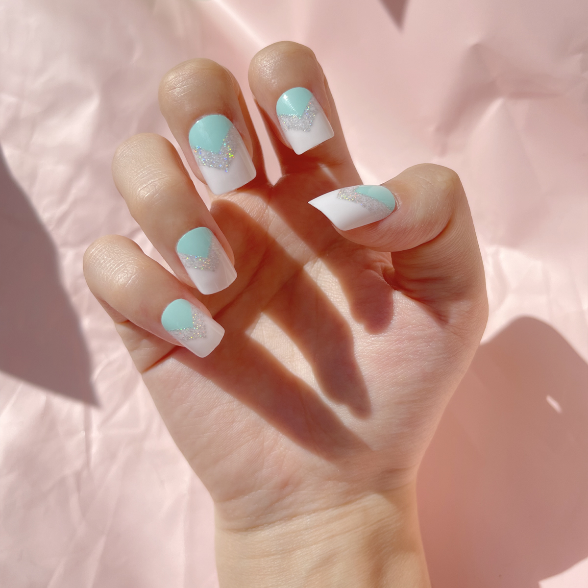 24 PCS PRESS ON NAIL TIPS SQUARE SHAPE MINT GREEN AND SLIVERY GLITTER details Picture