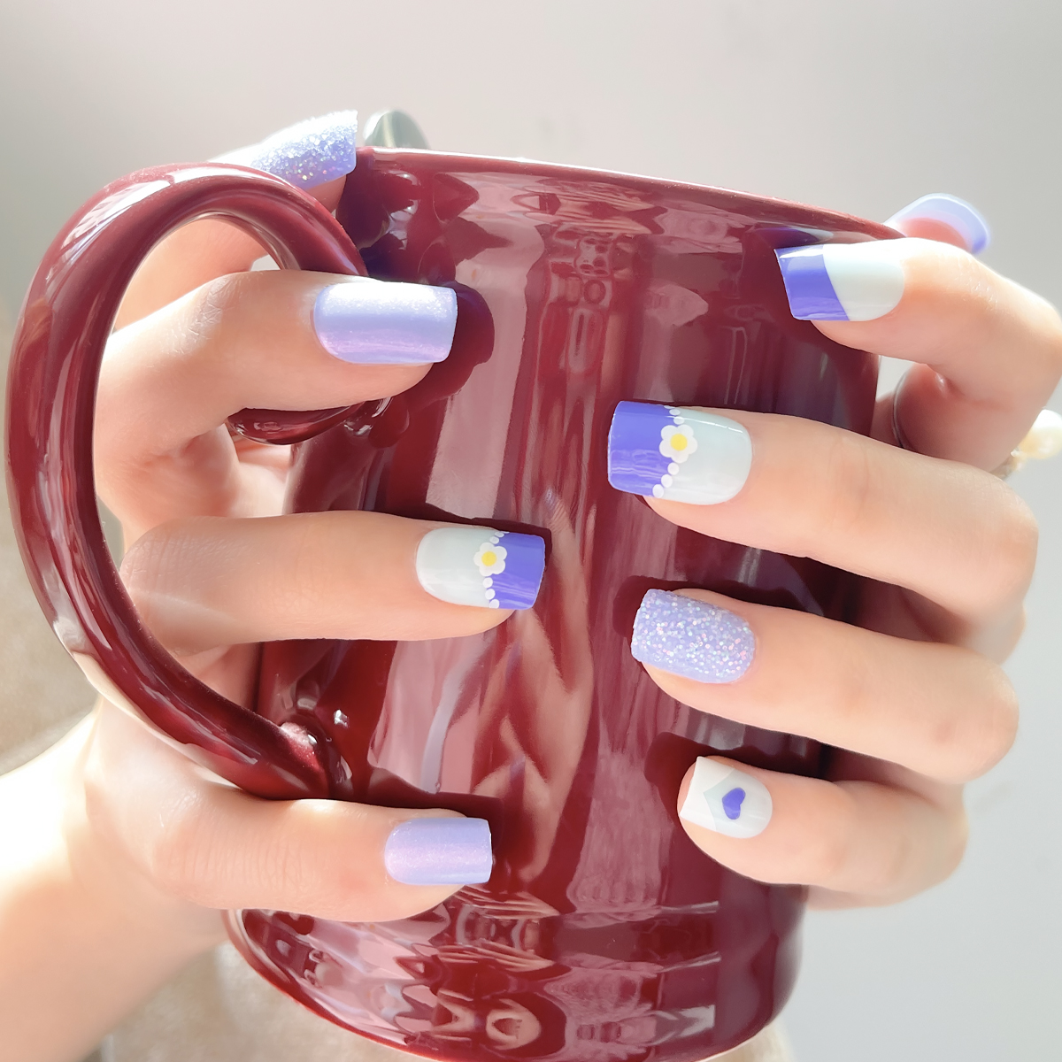 24 PCS PRESS ON NAIL TIPS SQUARE SHAPE BLUE PURPLE PEARL AND GLITTER Item Picture