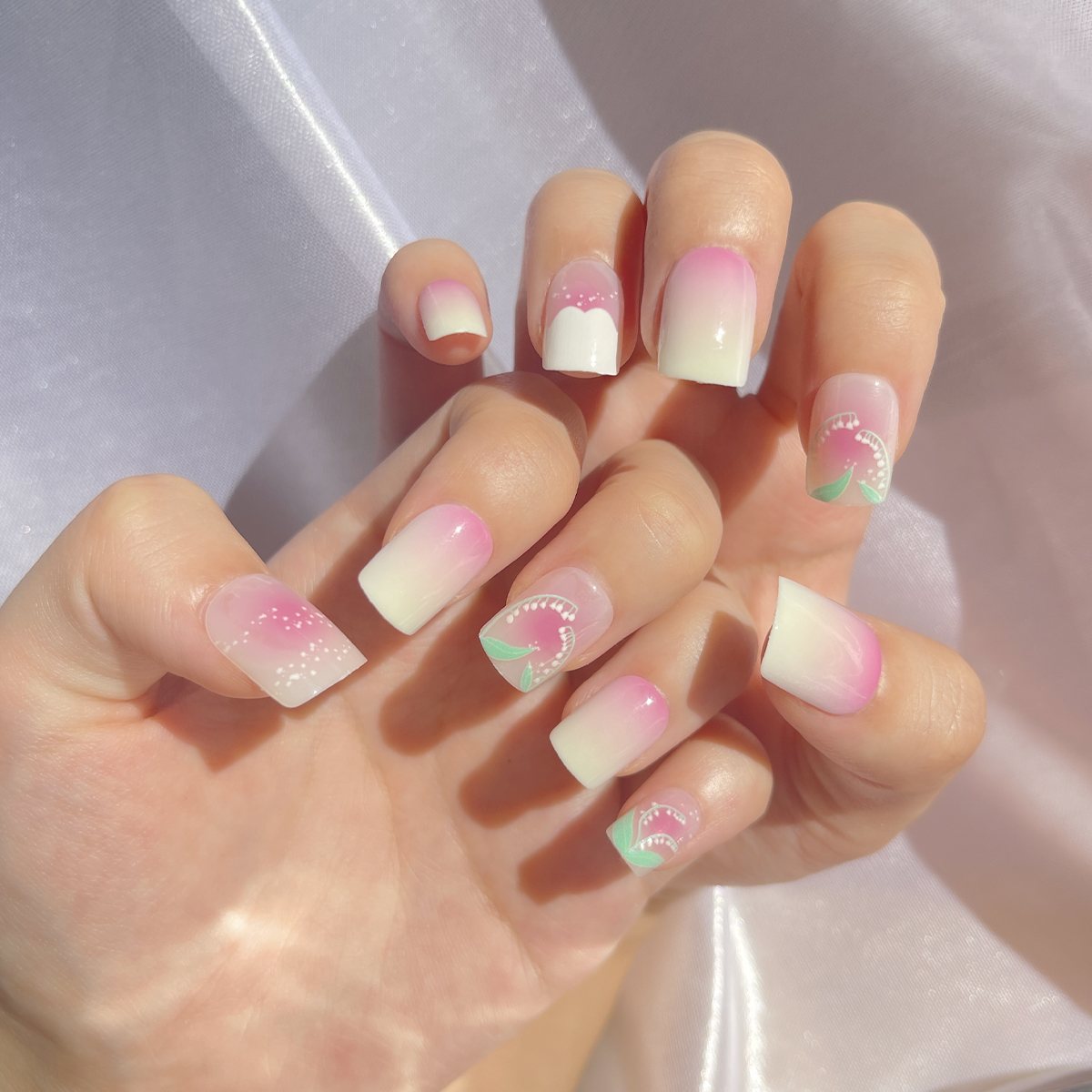 24 PCS PRESS ON NAIL TIPS SQUARE SHAPE PINK AND WHITE LILY OF THE VALLEY details Picture