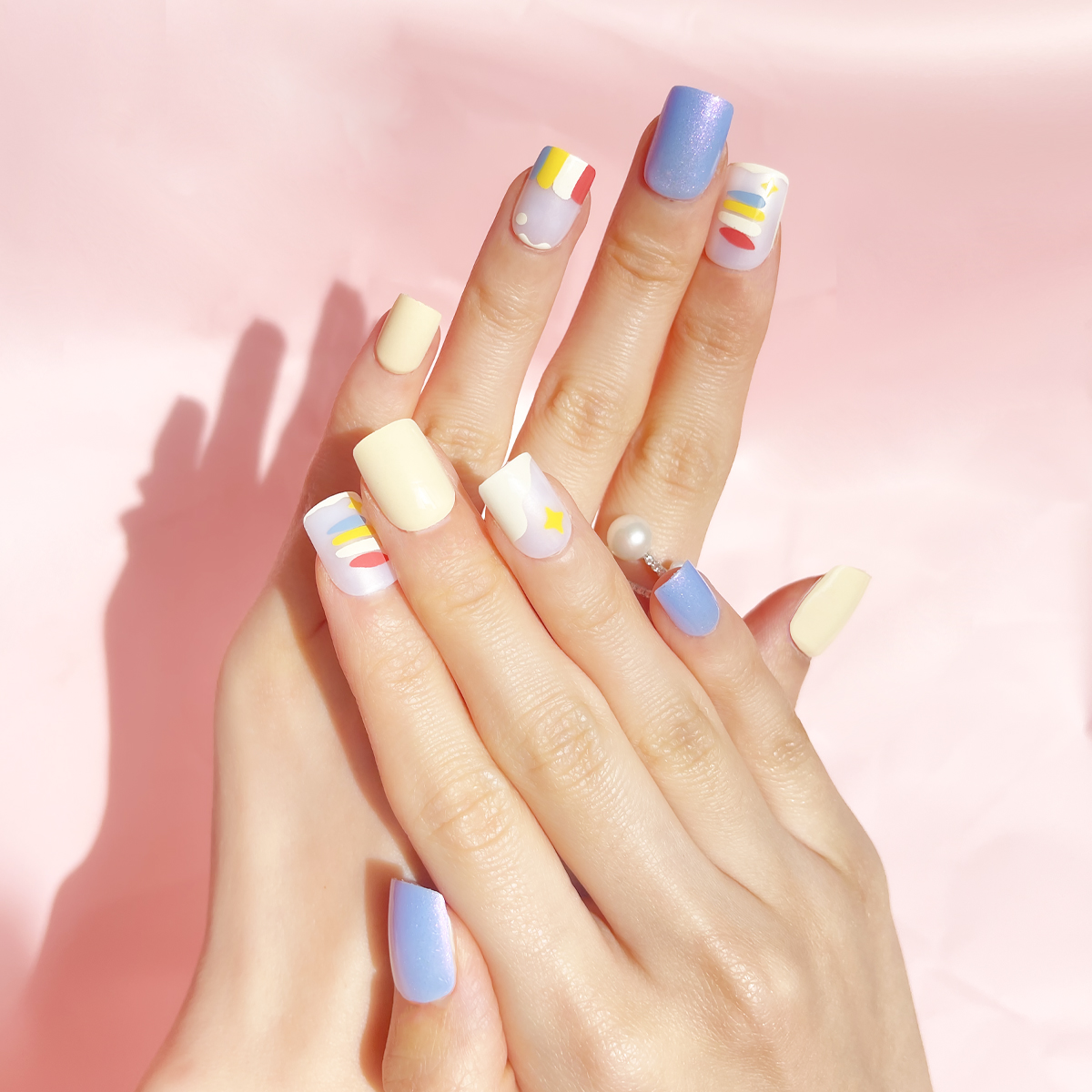 24 PCS PRESS ON NAIL TIPS SQUARE SHAPE BLUE PEARL EFFECT full figure