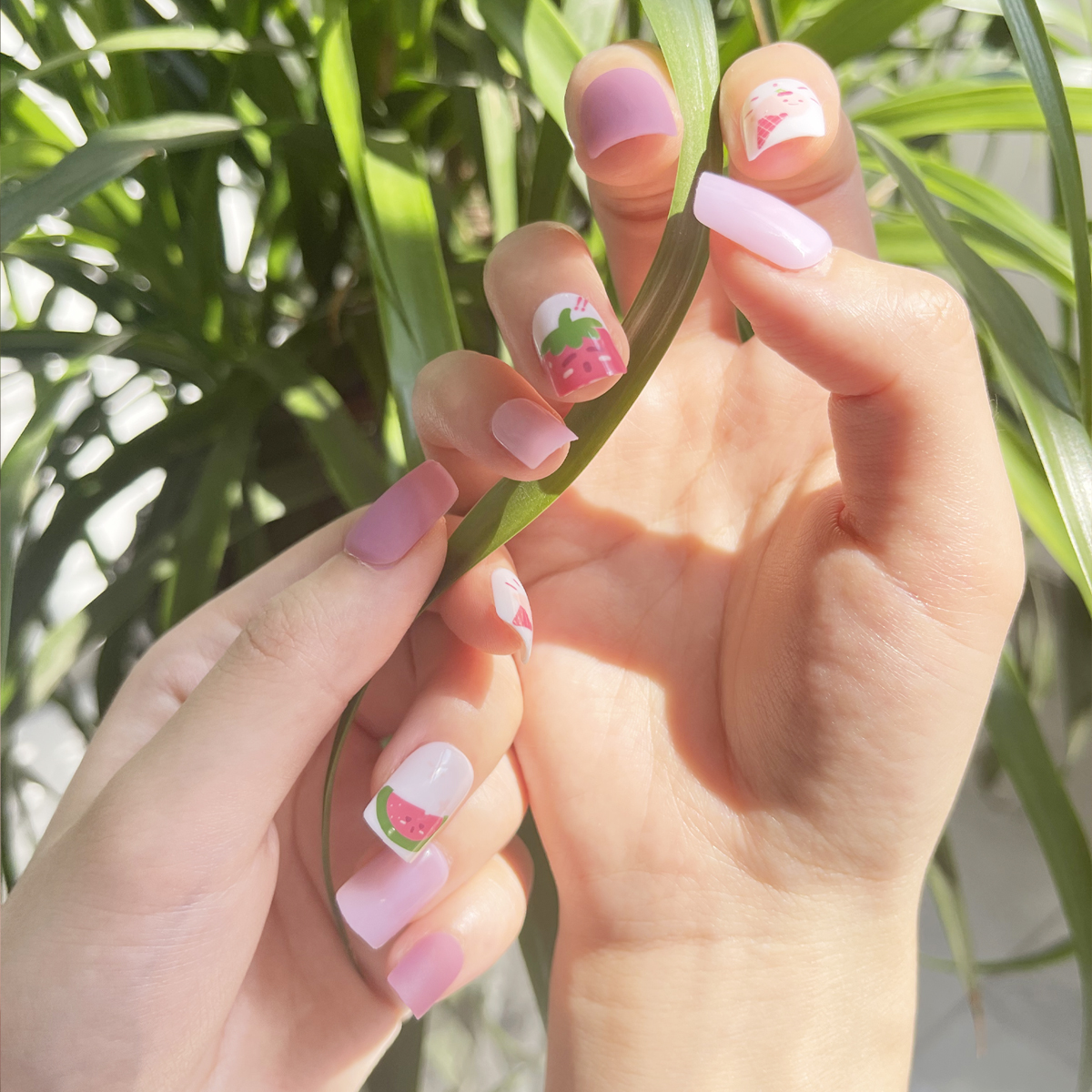 24 PCS PRESS ON NAIL TIPS SQUARE SHAPE STRAWBERRY WATERMELON AND ICE CREAM Item Picture