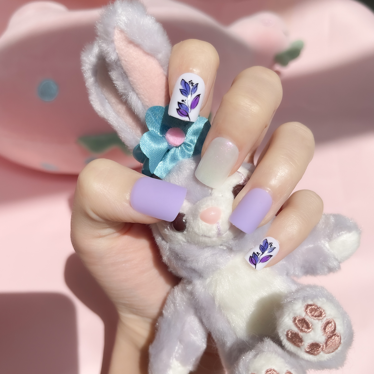 24 PCS PRESS ON NAIL TIPS SQUARE SHAPE PURPLE AND WHITE undefined