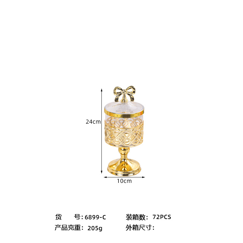 X10-6899-C foreign trade European-style transparent gold-plated candy jar with lid, gold-carved light luxury storage high-legged savings jar Application Scenario