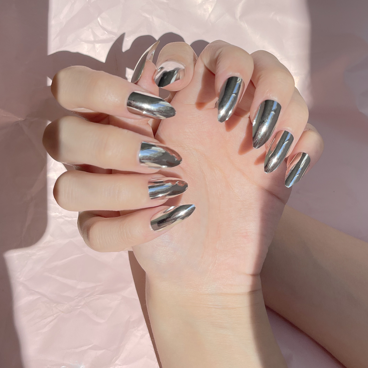 24 PCS PRESS ON NAIL TIPS ALMOND SHAPE SLIVERY MAGIC MIRROR POWDER full figure