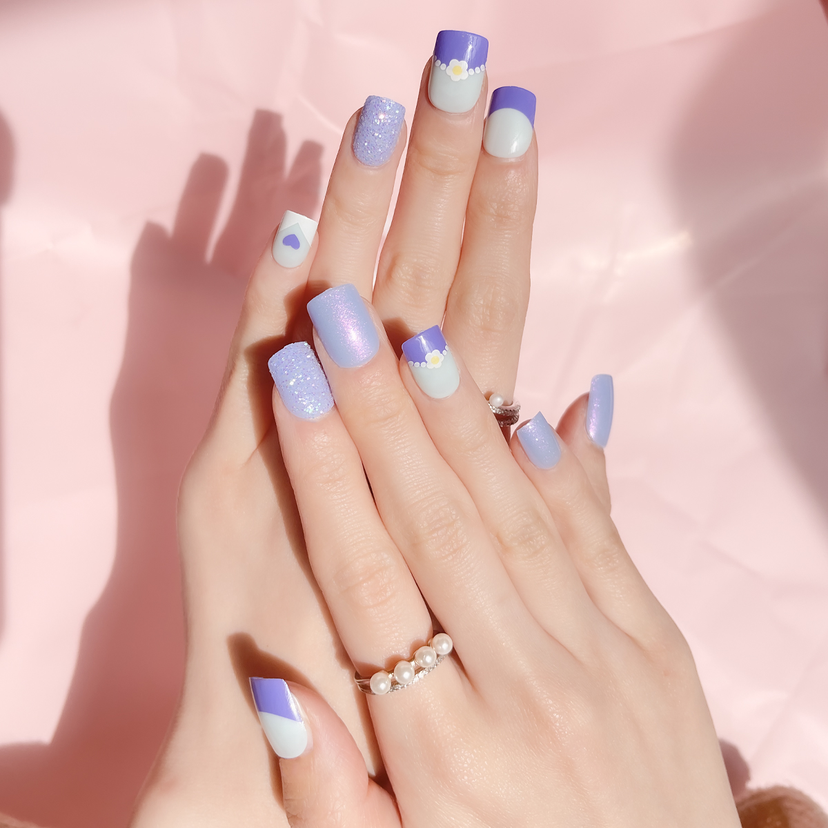 24 PCS PRESS ON NAIL TIPS SQUARE SHAPE BLUE PURPLE PEARL AND GLITTER Specification drawing