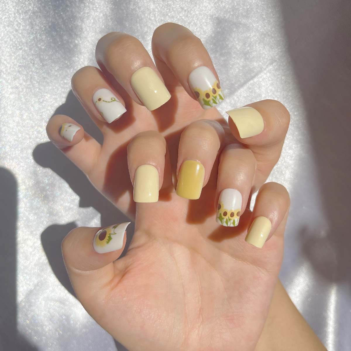 24 PCS PRESS ON NAIL TIPS SQUARE SHAPE SUNFLOWER PATTERN full figure