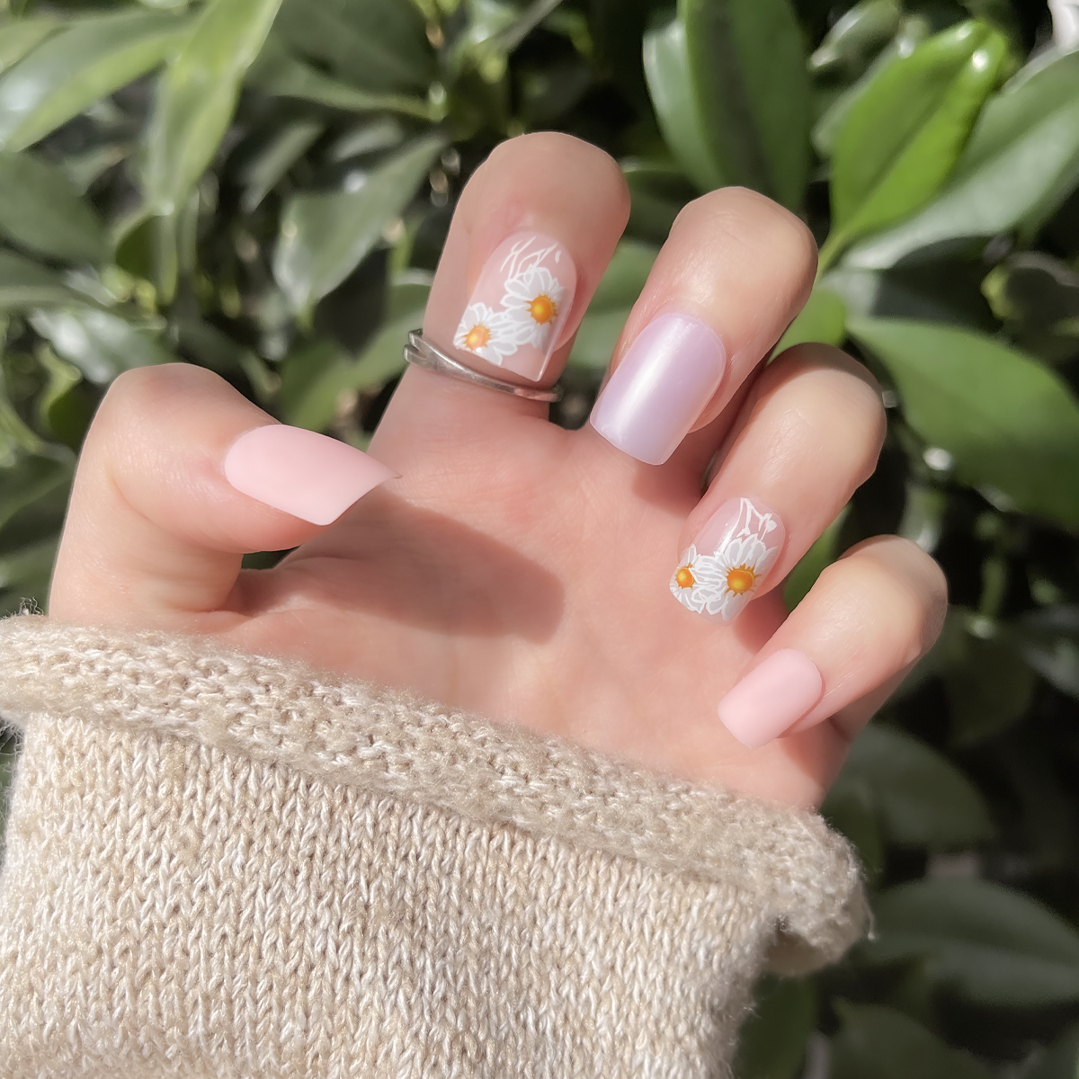 24 PCS PRESS ON NAIL TIPS SQUARE SHAPE LITTLE DAISY AND PINK MATTE Specification drawing