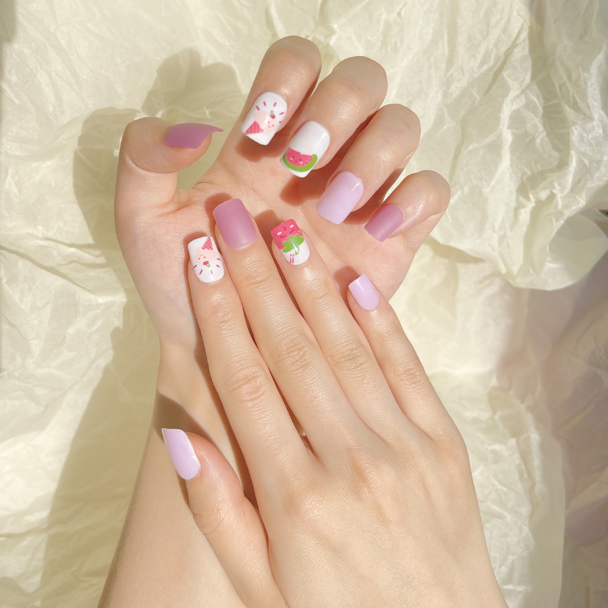 24 PCS PRESS ON NAIL TIPS SQUARE SHAPE STRAWBERRY WATERMELON AND ICE CREAM Specification drawing