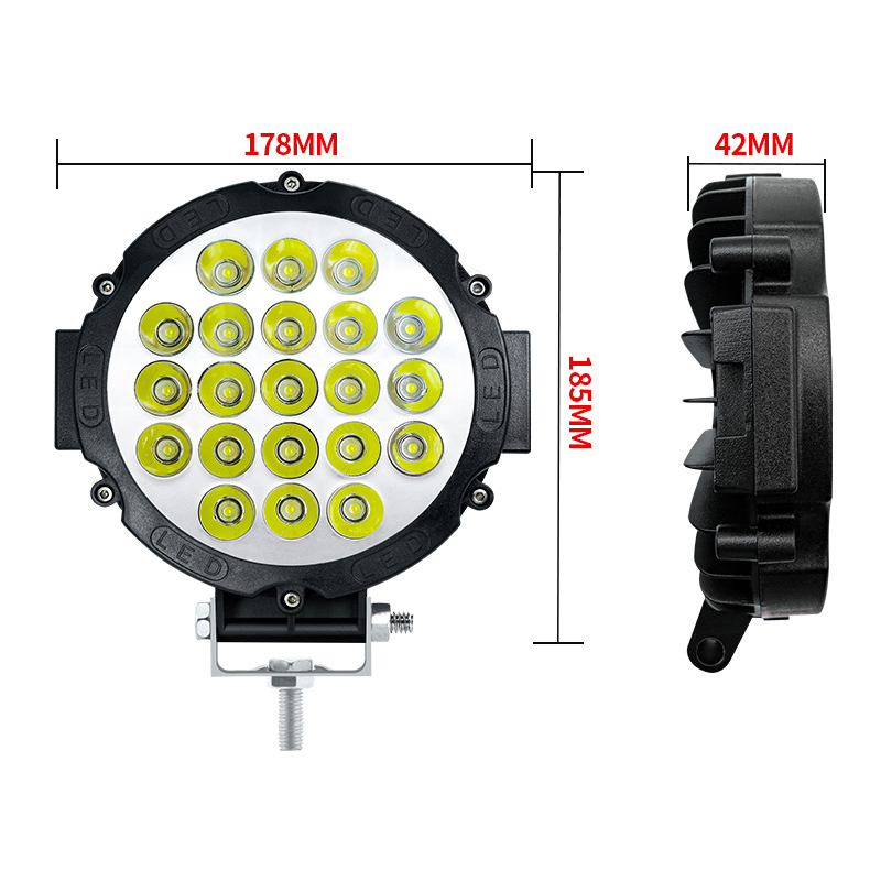 7-inch 63W LED circular work light for automobiles and trucks, ultra-bright spotlight for off-road vehicles, and auxiliary lighting spotlights for engineering forklifts Specification drawing
