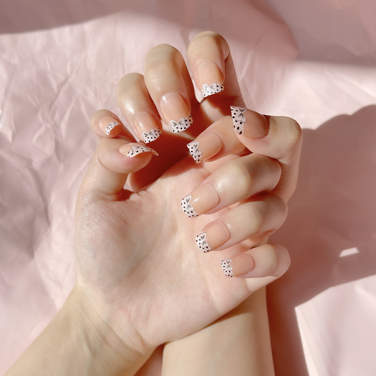 24 PCS PRESS ON NAIL TIPS SQUARE SHAPE WAVE POINT BOW PATTERN full figure