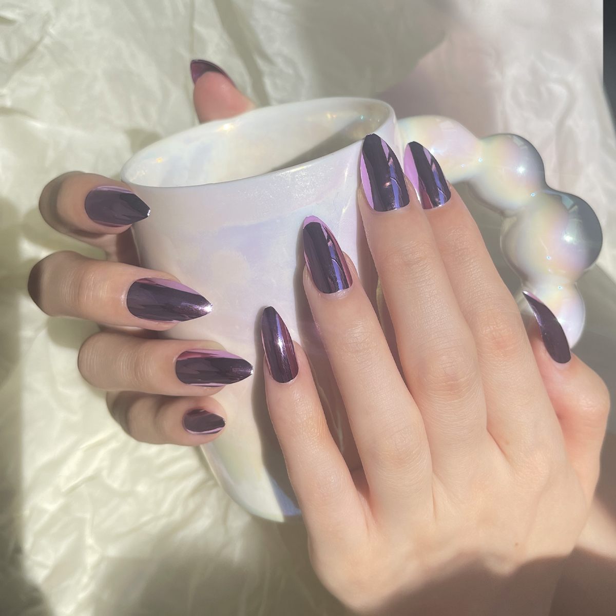 24 PCS PRESS ON NAIL TIPS ALMOND SHAPE PURPLE MAGIC MIRROR POWER details Picture