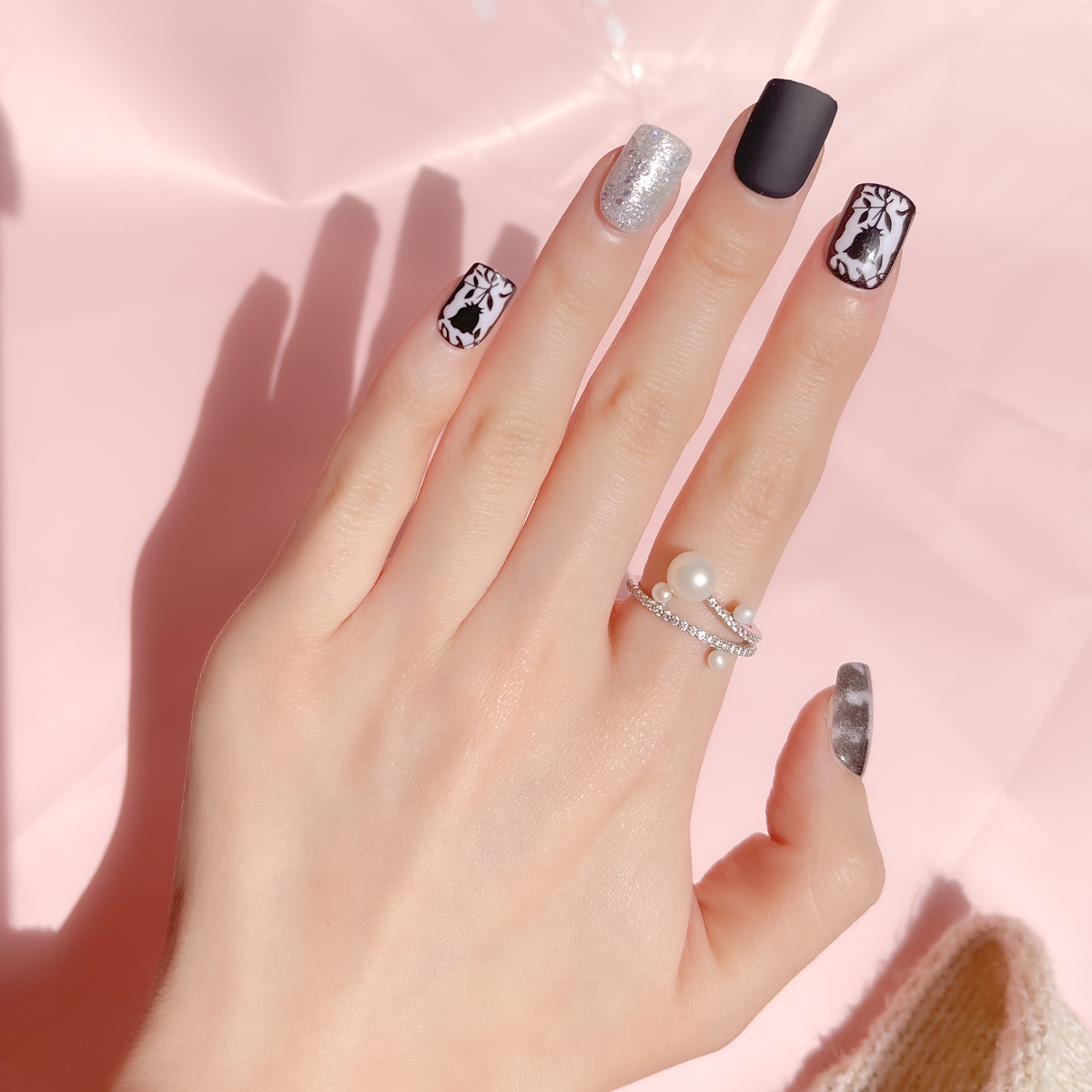 24 PCS PRESS ON NAIL TIPS SQUARE SHAPE BLACK ROSE AND SLIVERY GLITTER Specification drawing
