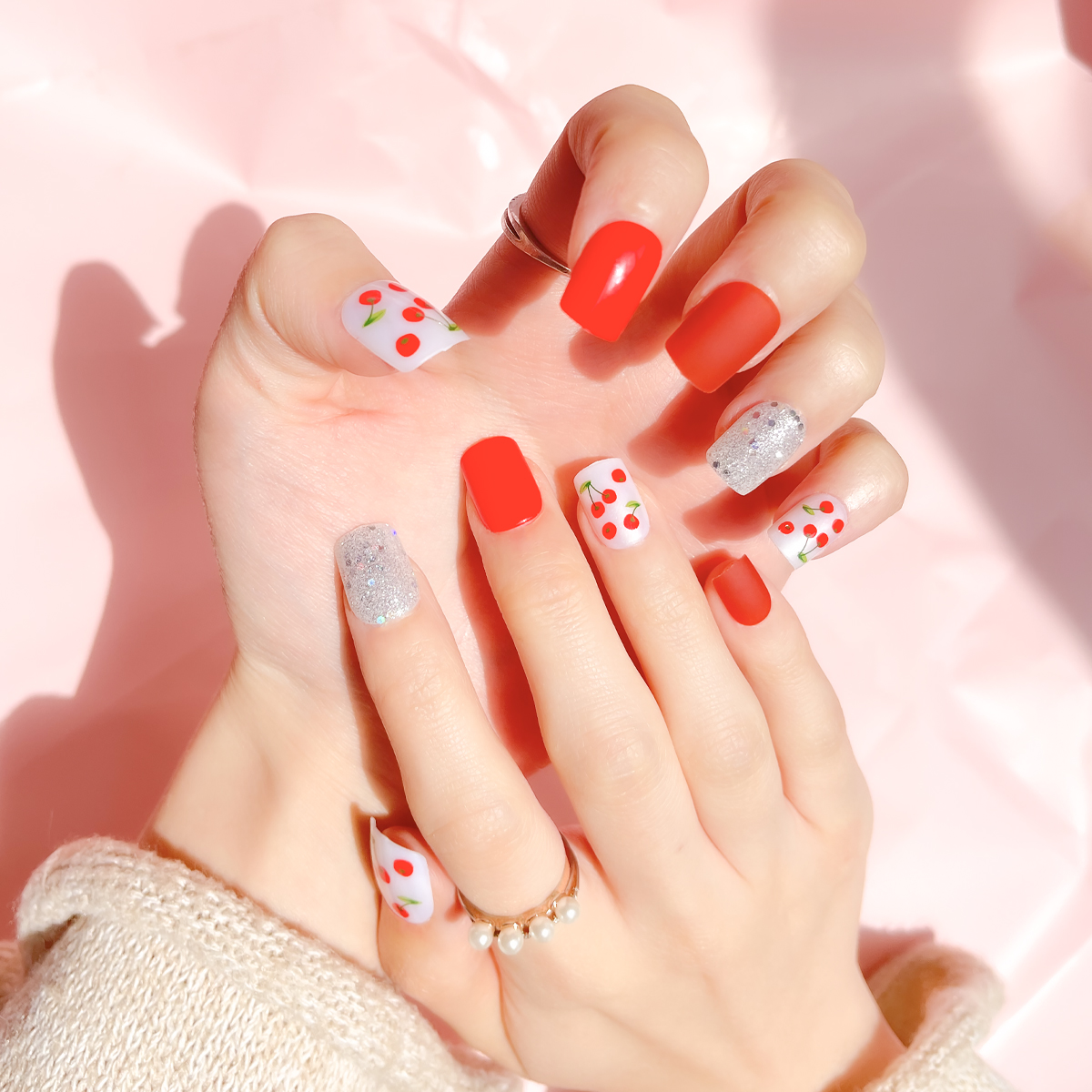 24 PCS PRESS ON NAIL TIPS SQUARE SHAPE RED CHERRY AND SLIVERY GLITTER Specification drawing