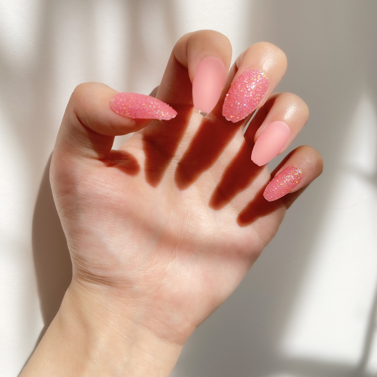 24 PCS PRESS ON NAIL TIPS COFFIN SHAPE PINK MATTE AND GLITTER EFFECT details Picture