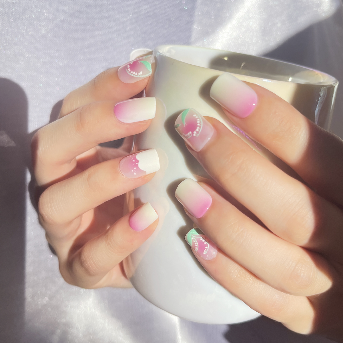 24 PCS PRESS ON NAIL TIPS SQUARE SHAPE PINK AND WHITE LILY OF THE VALLEY full figure