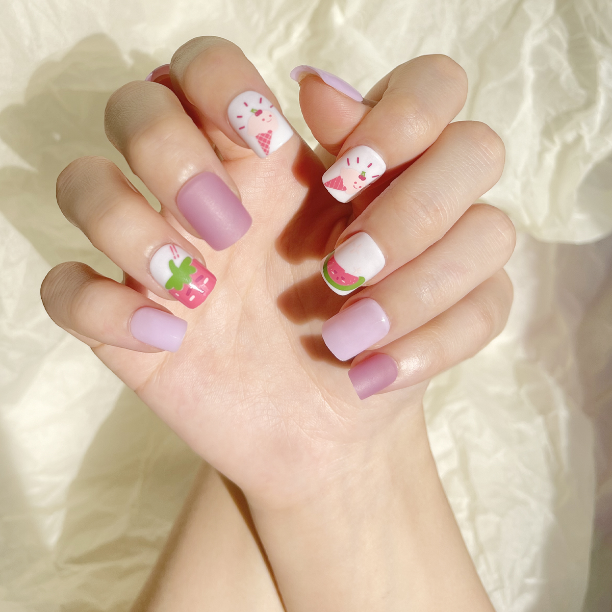 24 PCS PRESS ON NAIL TIPS SQUARE SHAPE STRAWBERRY WATERMELON AND ICE CREAM details Picture