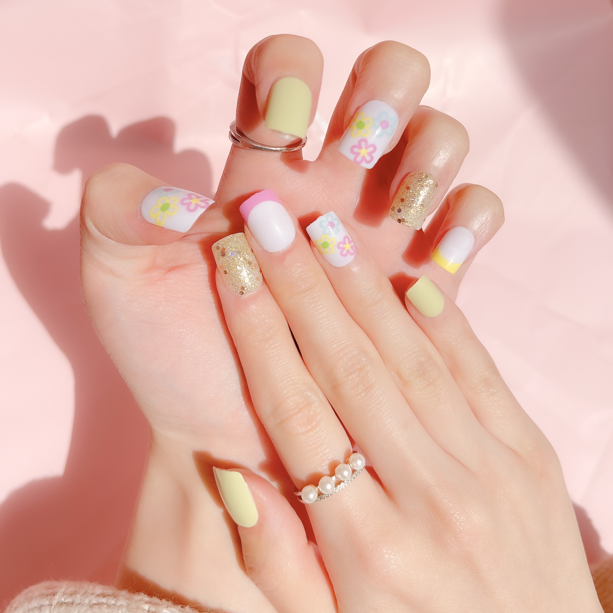 24 PCS PRESS ON NAIL TIPS SQUARE SHAPE COLORFUL FLOWER AND GOLD GLITTER Specification drawing