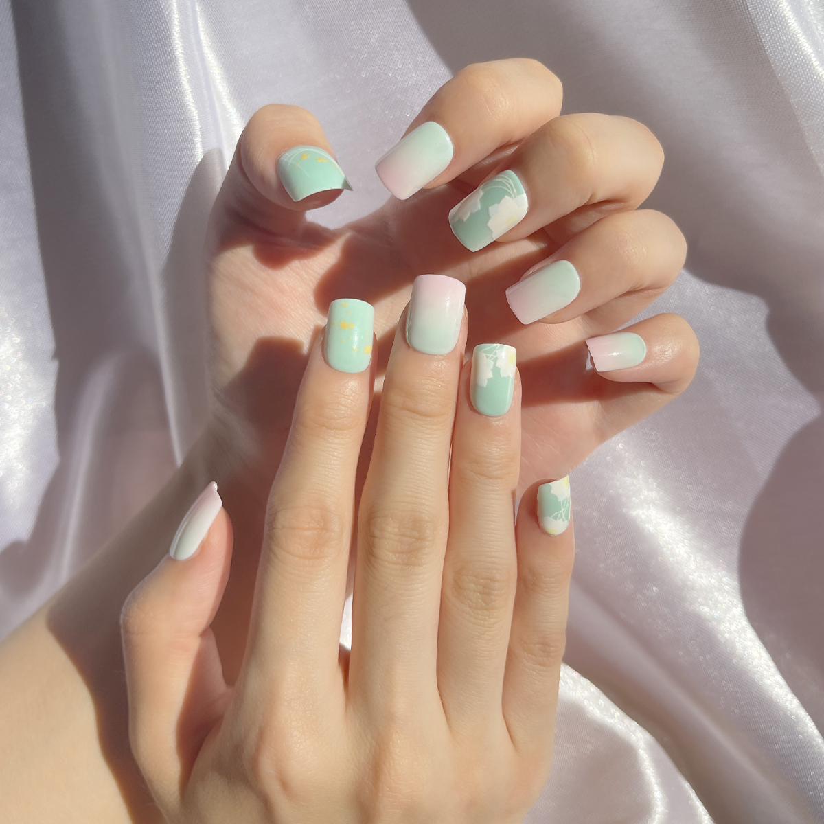 24 PCS PRESS ON NAIL TIPS SQUARE SHAPE GREEN BACKGROUND AND WHITE FLOWER Specification drawing