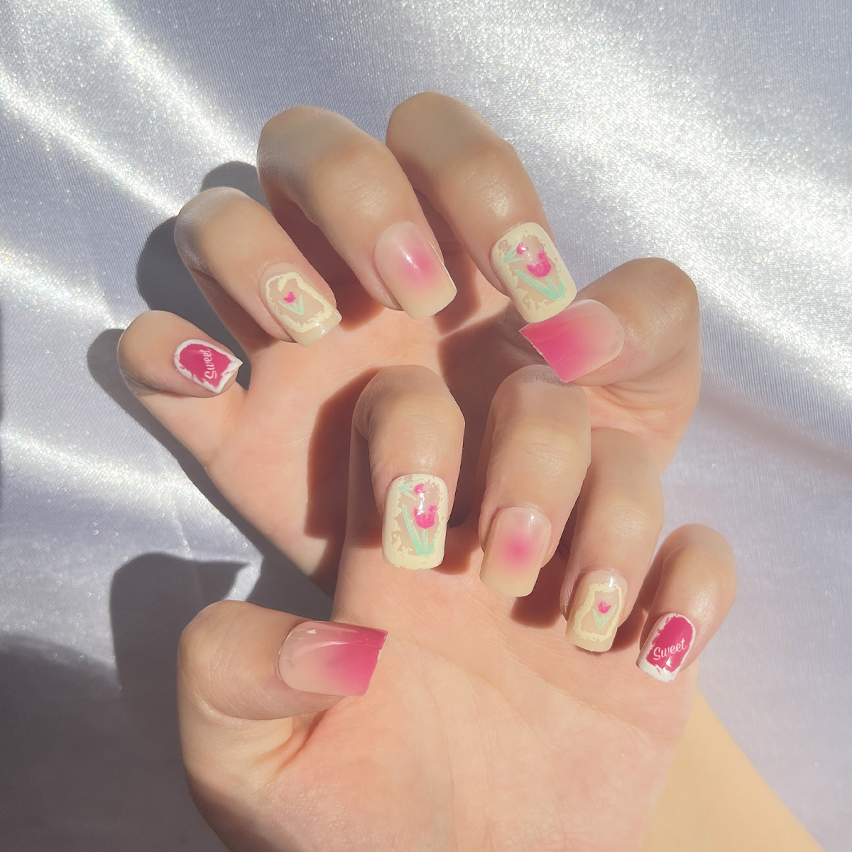 24 PCS PRESS ON NAIL TIPS SQUARE SHAPE TULIP PATTERN PINK AND YELLOW details Picture