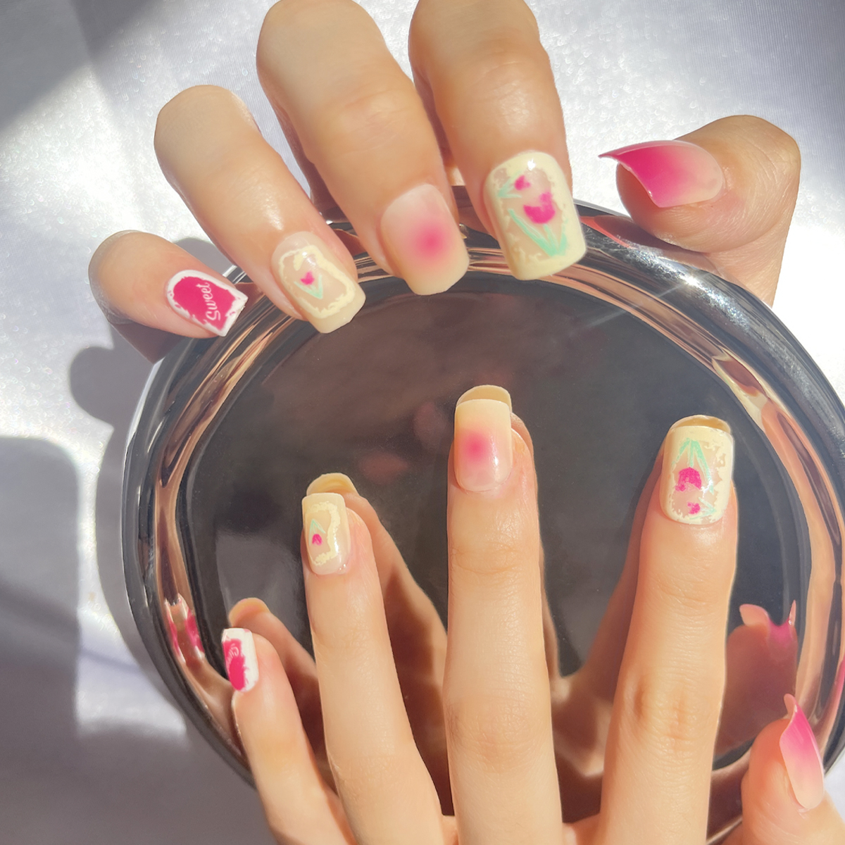 24 PCS PRESS ON NAIL TIPS SQUARE SHAPE TULIP PATTERN PINK AND YELLOW full figure
