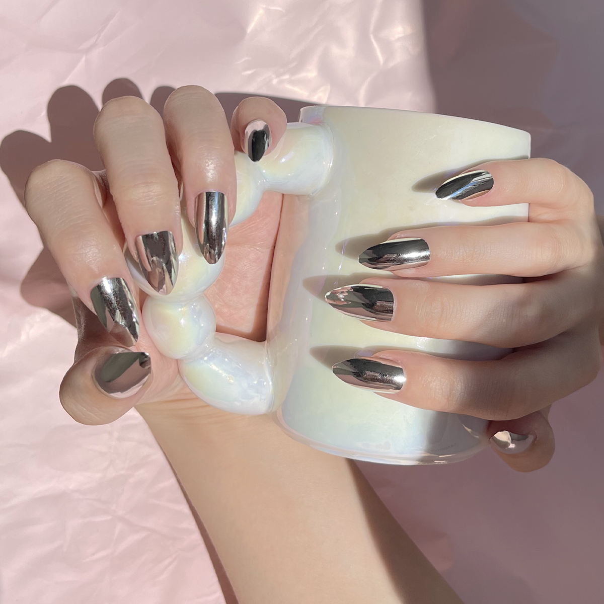 24 PCS PRESS ON NAIL TIPS ALMOND SHAPE SLIVERY MAGIC MIRROR POWDER Specification drawing