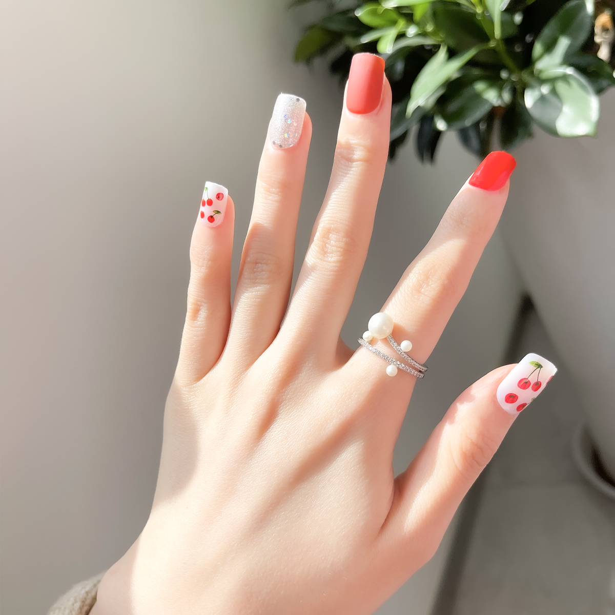 24 PCS PRESS ON NAIL TIPS SQUARE SHAPE RED CHERRY AND SLIVERY GLITTER undefined