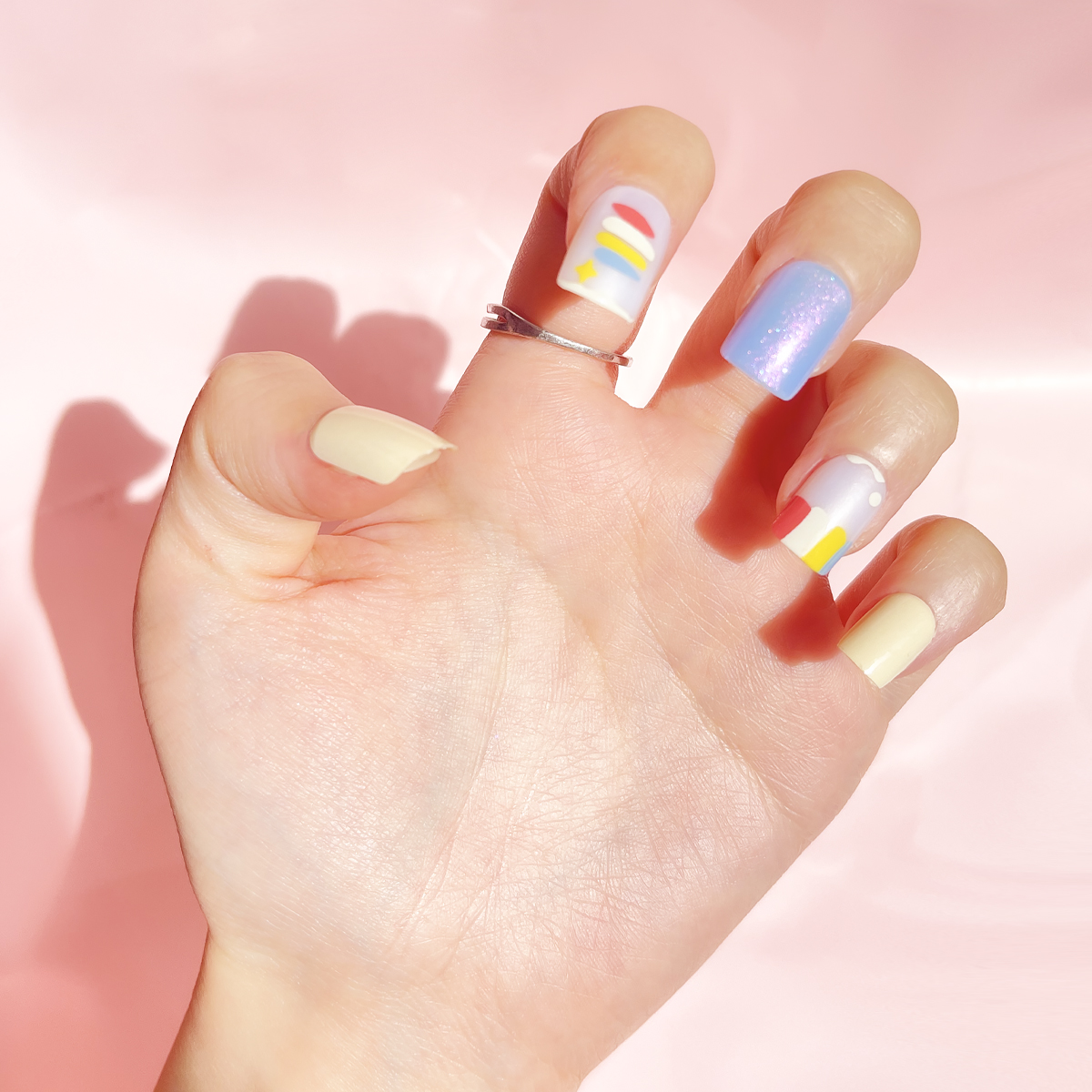 24 PCS PRESS ON NAIL TIPS SQUARE SHAPE BLUE PEARL EFFECT details Picture