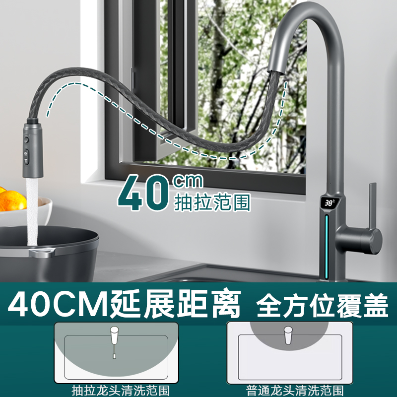RAN brand, gun gray pull-out faucet, digital ambient light, three-mode water flow, free rotation, and easy pull-out. Faucet Application Scenario