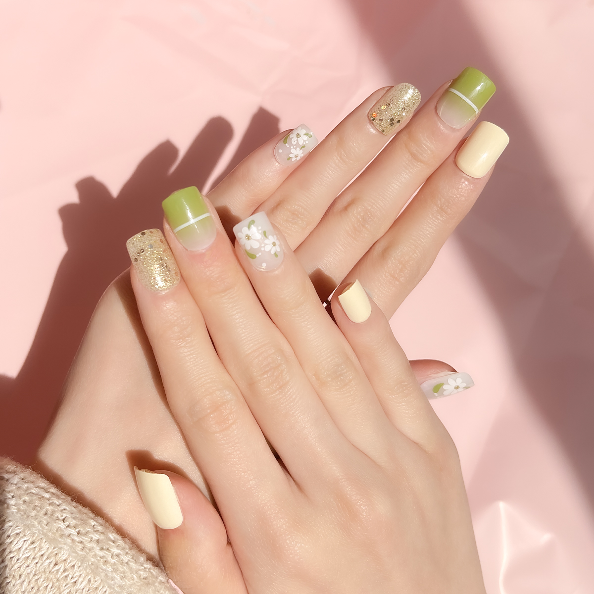 24 PCS PRESS ON NAIL TIPS SQUARE SHAPE SPRING STYLE full figure