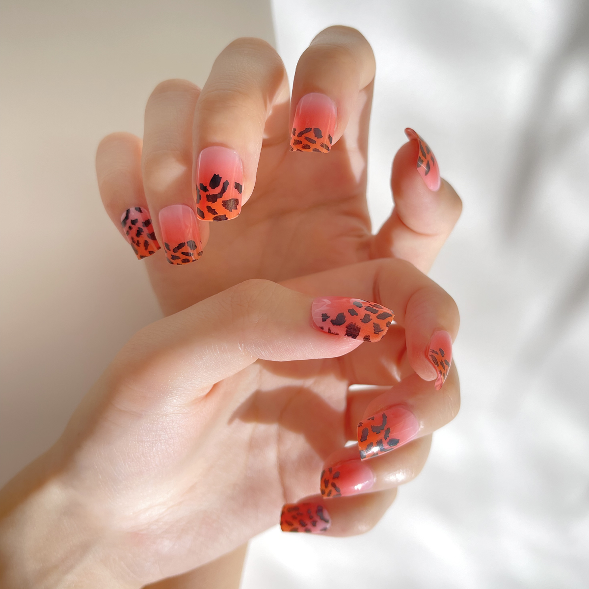 24 PCS PRESS ON NAIL TIPS SQUARE SHAPE ORANGE PINK LEOPARD PRINT details Picture