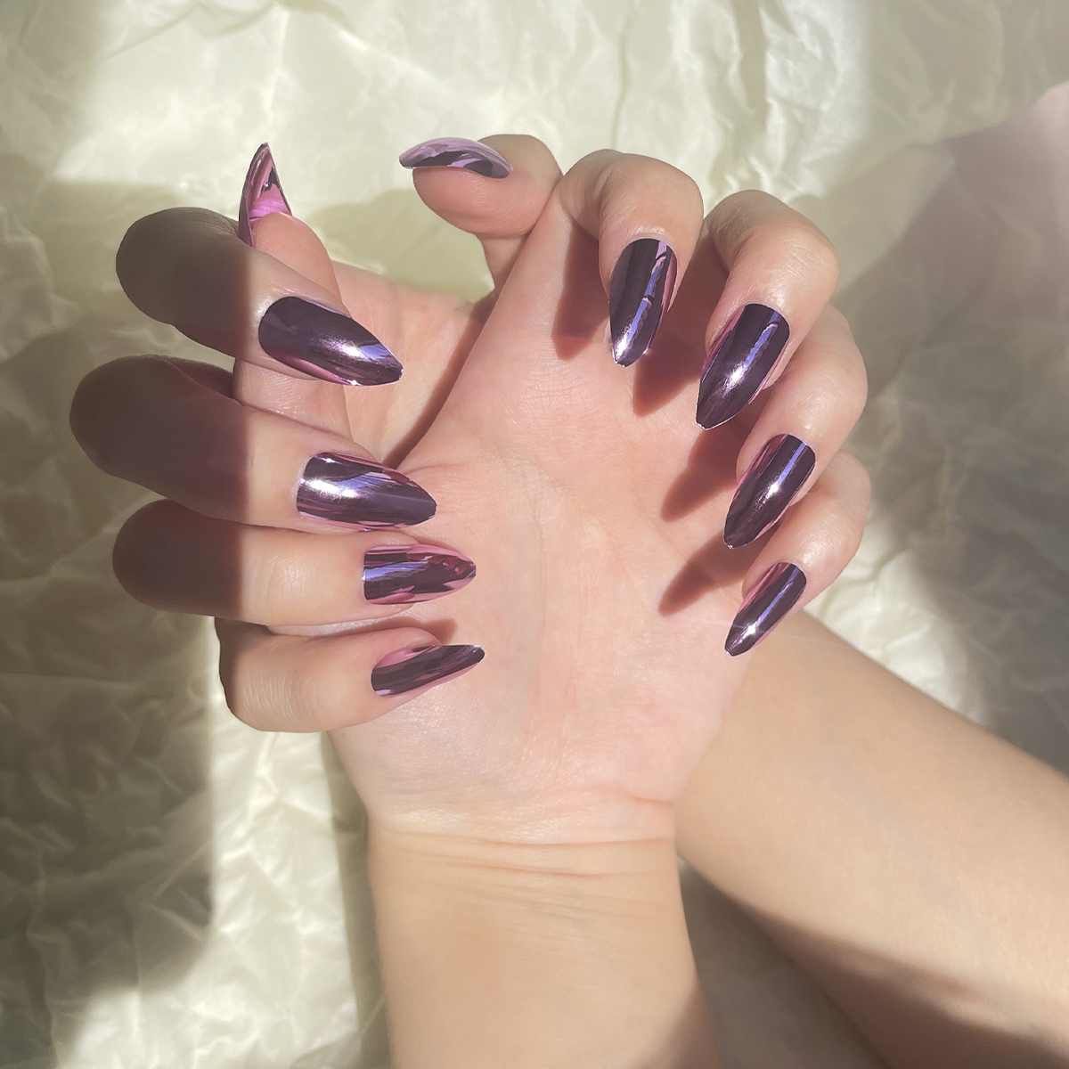 24 PCS PRESS ON NAIL TIPS ALMOND SHAPE PURPLE MAGIC MIRROR POWER Specification drawing