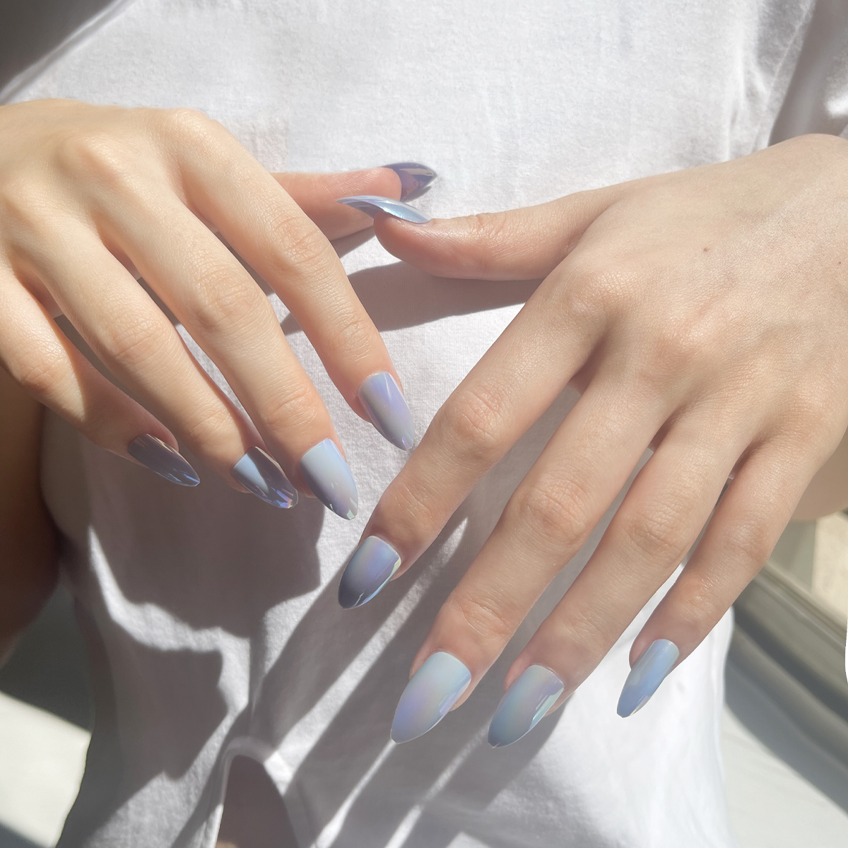 24 PCS PRESS ON NAIL TIPS ALMOND SHAPE BRIGHT BLUE SURFACE details Picture