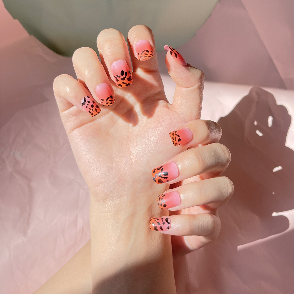 24 PCS PRESS ON NAIL TIPS SQUARE SHAPE ORANGE PINK LEOPARD PRINT full figure