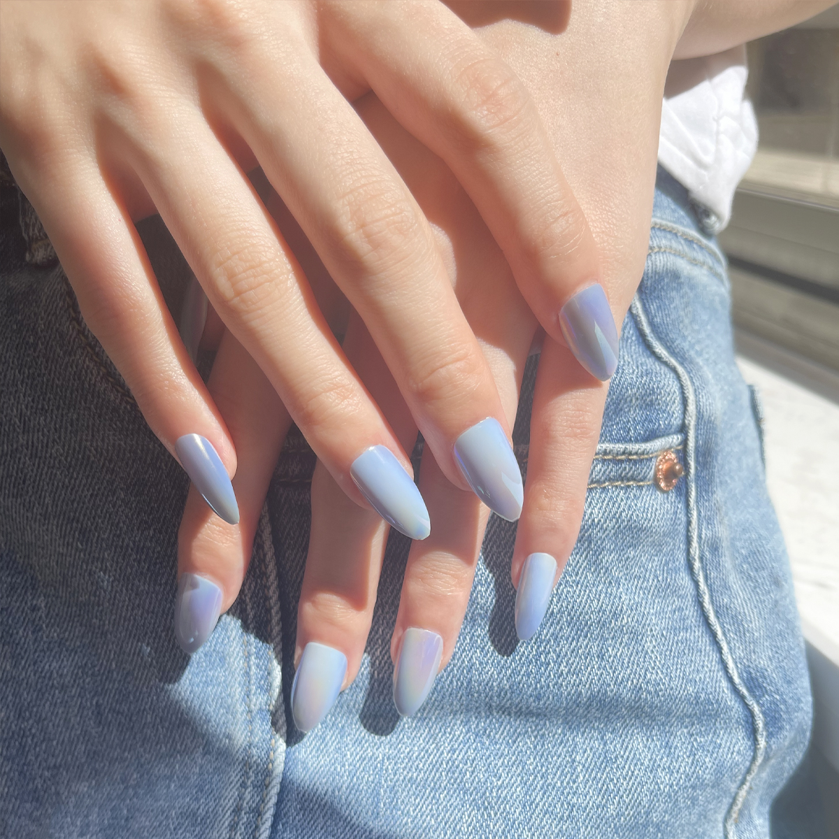 24 PCS PRESS ON NAIL TIPS ALMOND SHAPE BRIGHT BLUE SURFACE full figure