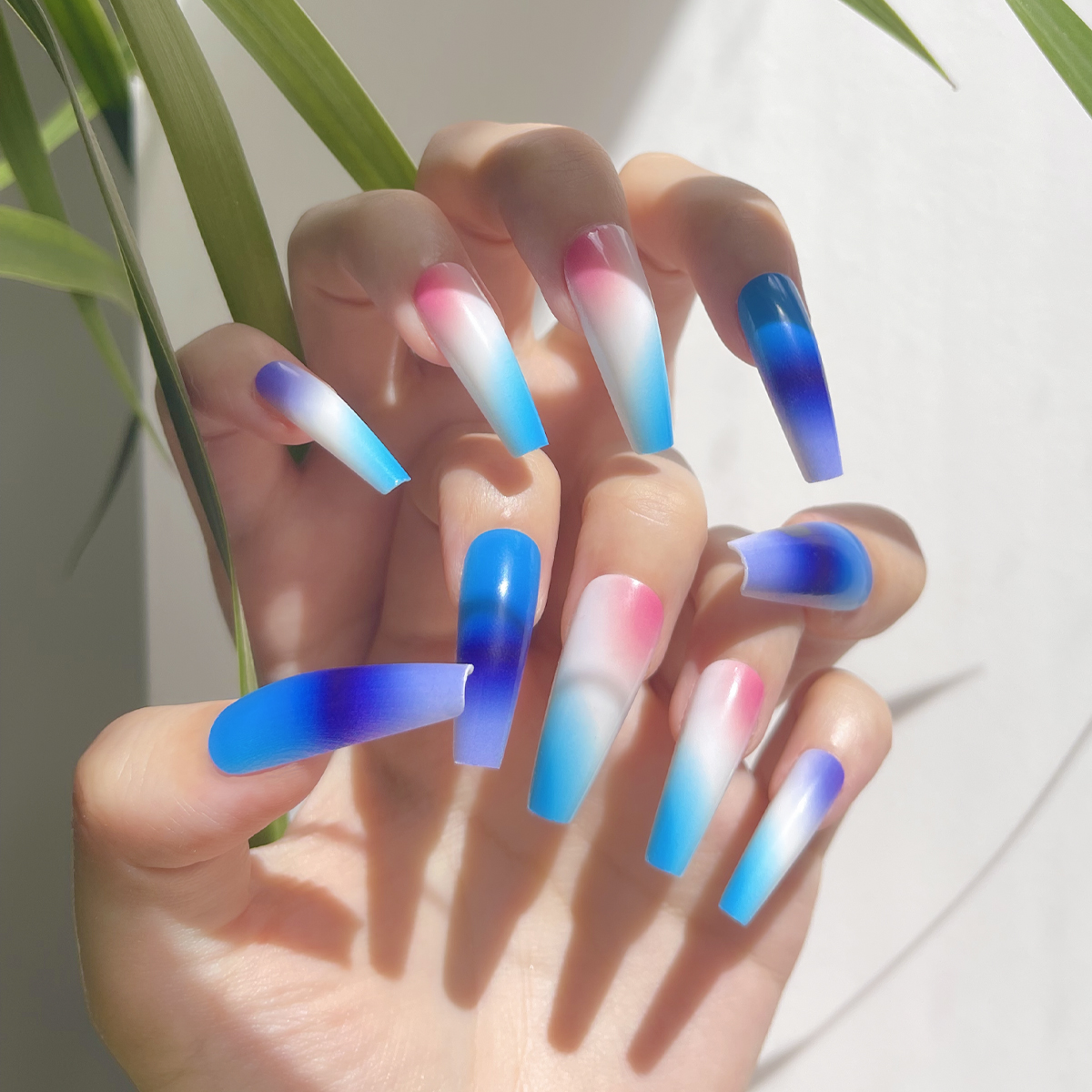 24 PCS PRESS ON NAIL TIPS BALLET SHAPE PINK AND BLUE BLENDING full figure