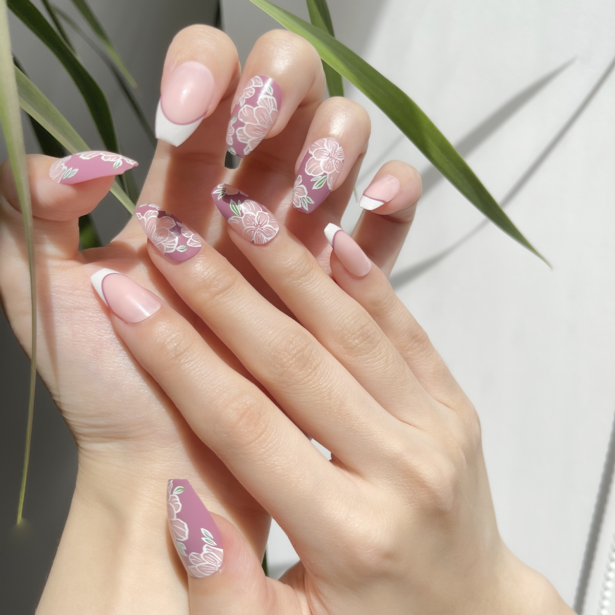 24 PCS PRESS ON NAIL TIPS COFFIN SHAPE PURPLE FLOWER WITH FRENCH STYLE Specification drawing