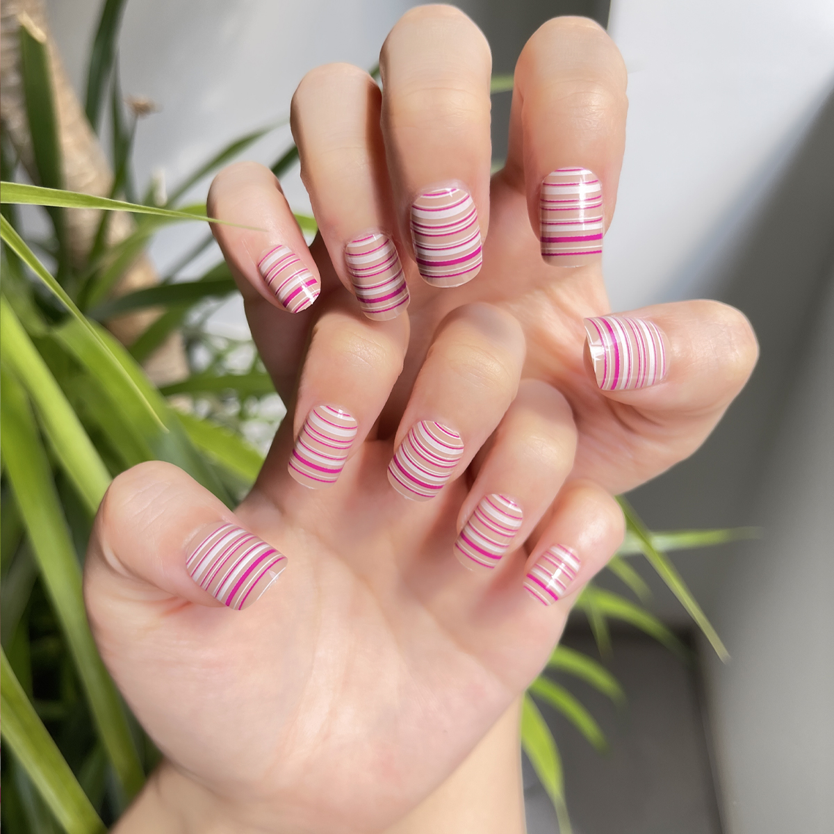 24 PCS PRESS ON NAIL TIPS ROUND SHAPE NUDE BASE COLOR WITH PINK AND WHITE LINES Specification drawing
