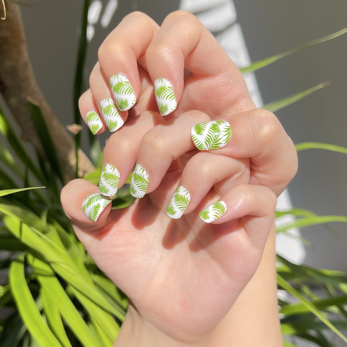 24 PCS PRESS ON NAIL TIPS ROUND SHAPE WHITE BASE COLOR GREEN LEAVES Specification drawing