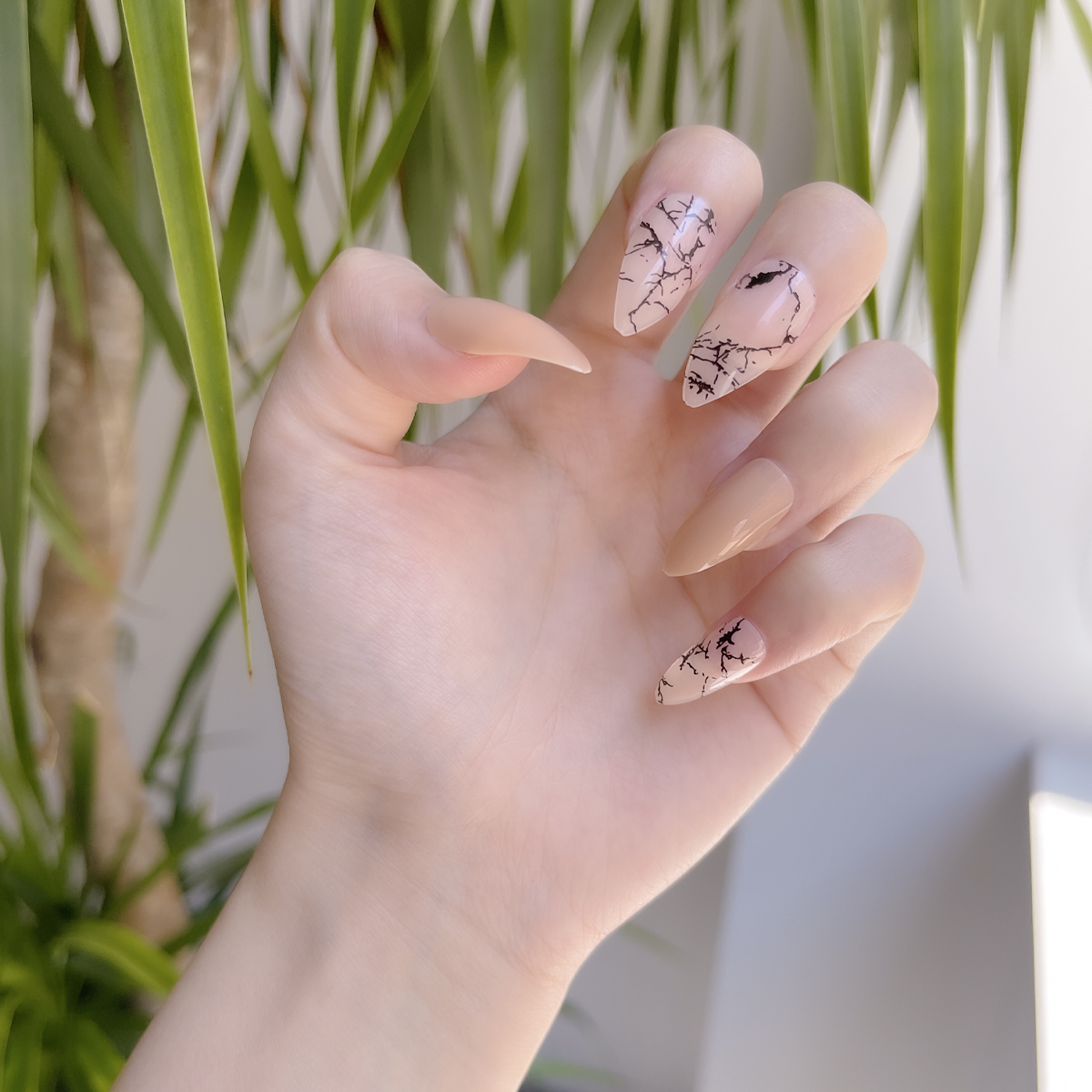 24 PCS PRESS ON NAIL TIPS STILETTO SHAPE NAKED BASE COLOR WITH BLACK LINES Specification drawing
