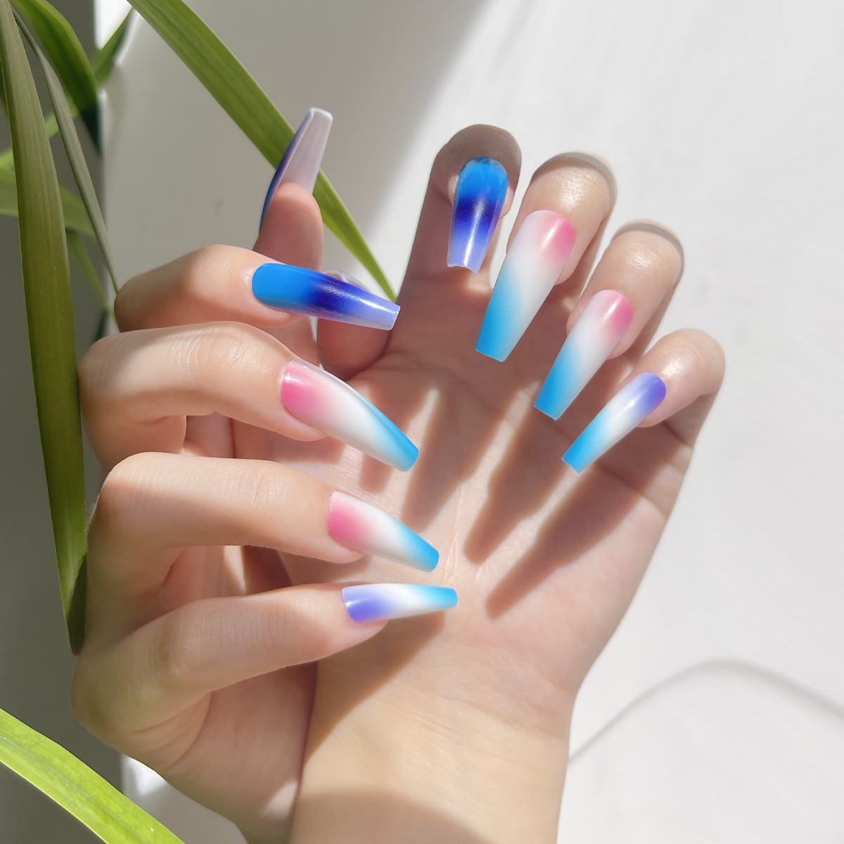 24 PCS PRESS ON NAIL TIPS BALLET SHAPE PINK AND BLUE BLENDING details Picture
